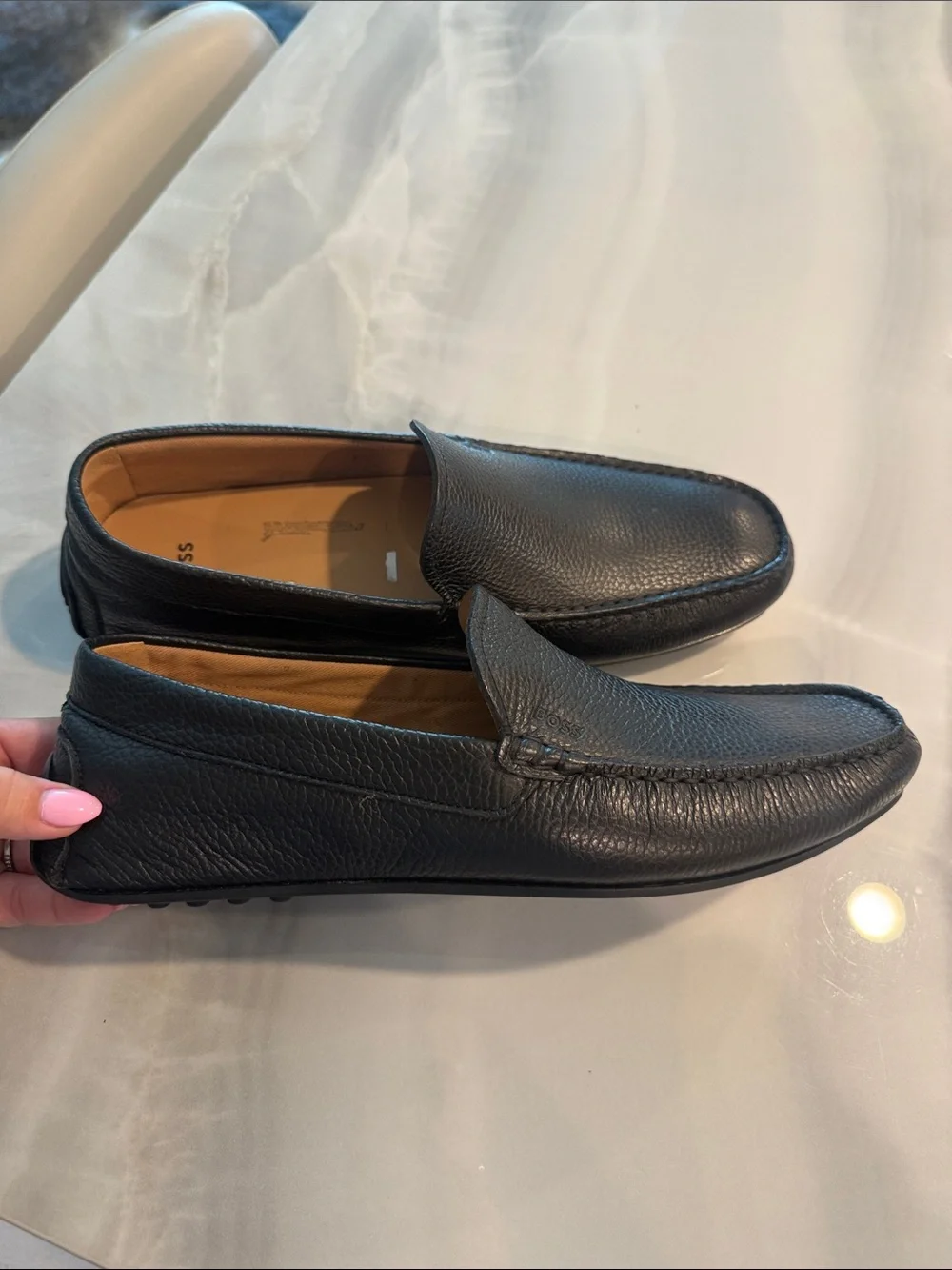 BOSS Men’s Black Pebbled Leather Slip-On Loafers